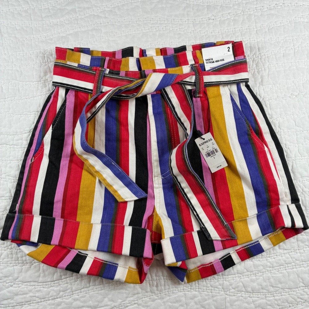 Express Shortie Shorts Sz 2 Multi Striped Extreme High Rise Paperbag Tie Retro